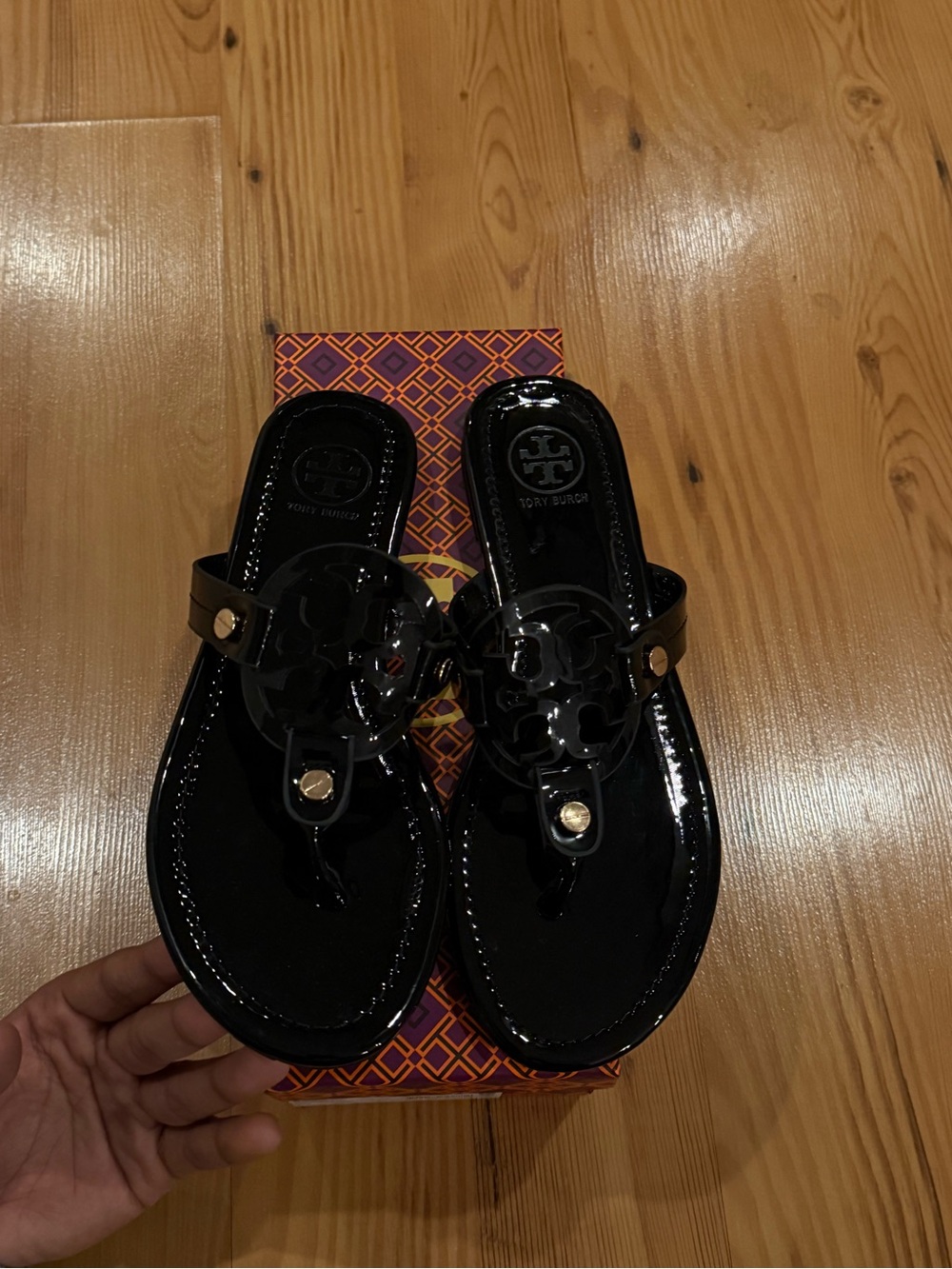 Tory Burch Glossy Black Patent Miller Logo Thong Sandals